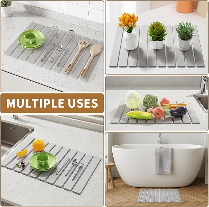 Stone Dish Drying Mats for Kitchen Counter-23.6''x15.3'' Foldable Quick Dry Stone Mat Kitchen,Eco-Friendly,Absorbent Diatomaceous Earth Mats for Dishes Bottles Cups Bathroom Any Countertop-Light Gray - Image 7