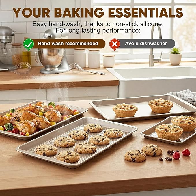 Sakerplus Nonstick Baking Sheet Pan Set of 3, Heavy Duty Cookie Sheets for Oven with Stripe Texture Pattern, 0.6mm Thick Quarter/Half/Jelly Roll Pans, Rust-Resistant & Easy Clean (Champagne Gold) - Image 2
