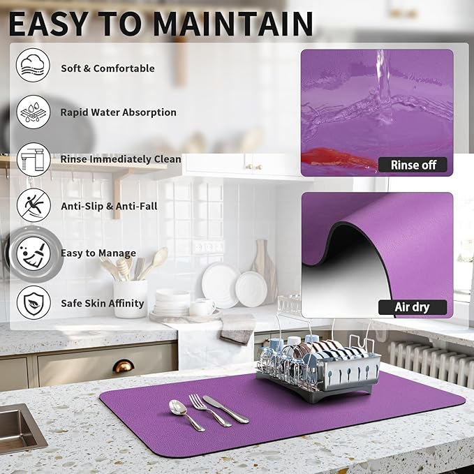 HotLive Dish Drying Mat for Kitchen Counter, Heat Resistant Drainer Mats with Non-slip Rubber Backed, Hide Stain Kitchen Super Absorbent Draining Mat, Easy to Clean Dish Rack Pad, Purple 18"x24" - Image 4