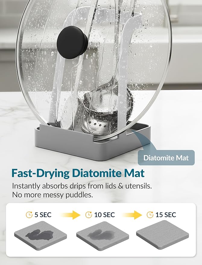 NiHome Upgraded Pot Lid and Spoon Rest with Diatomite Absorbent Tray & Silicone Anti-Slip Pad – Sturdy Metal Frame, Multifunctional Ladle Holder for Kitchen Countertop, 3.9"x3.9"x6" (Gray) - Image 2