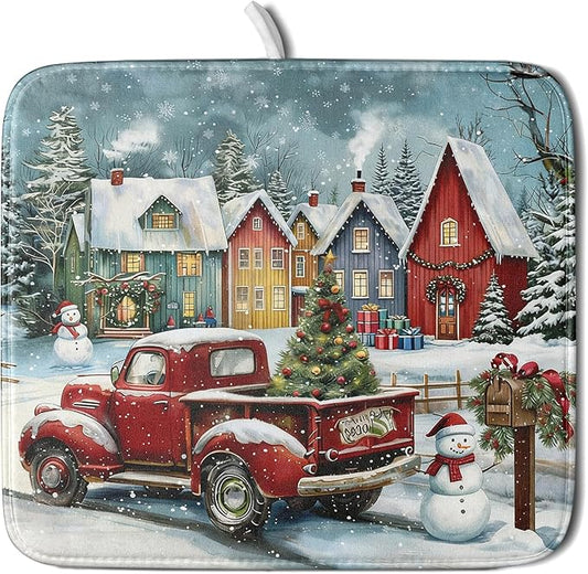 Christmas Dish Drying Mat for Kitchen Counter 18x16 Inch Xmas Red Truck Drying Mat with Absorbent Reversible Microfiber House Snowman Winter Dish Drainer Mats Rack Pad for Coffee Countertop Protector