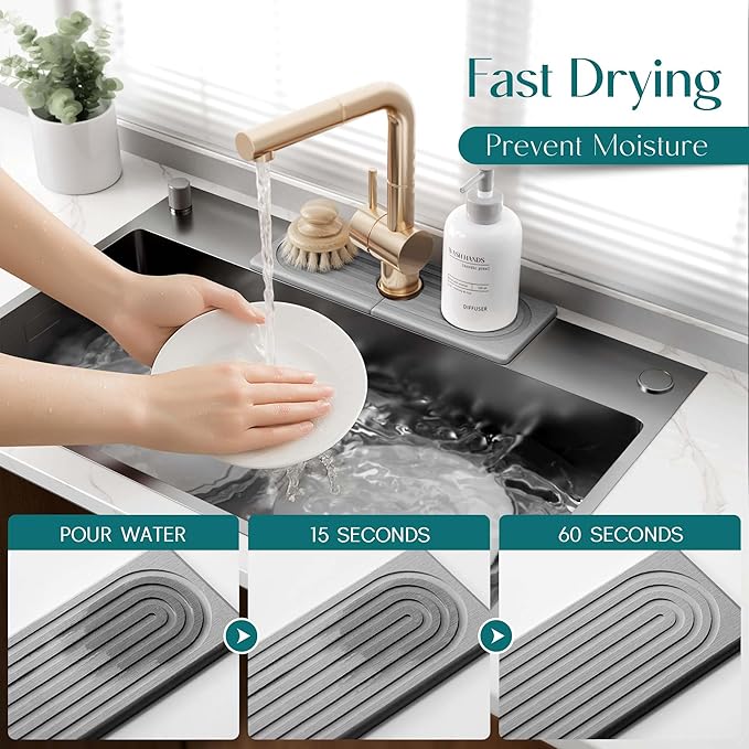 eormoe Faucet Mat for Kitchen Sink - Wider Diatomite Fast Drying Stone Sink Tray, Super Absorbent, Prevents Moisture Buildup - Faucet Splash Guard for Bathroom Counter (Grey, 15x5.3inch) - Image 3
