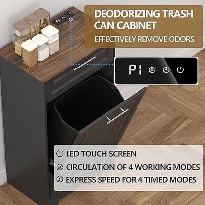 Single 10 Gallon Tilt Out Trash Can Cabinet with Deodorizing Function, Wooden Hidden Garbage Can Holder with Storage Drawers for Kitchen and Dining Room, Laundry Hamper Cabinet for Bathroom, Black