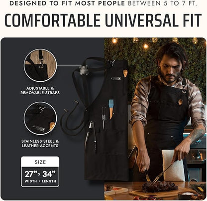 Asaya Chef and BBQ Apron with Bottle Opener and Hand Towel - 10oz Cotton Canvas, Stainless Steel Hardware - Cross Back Straps - Image 5