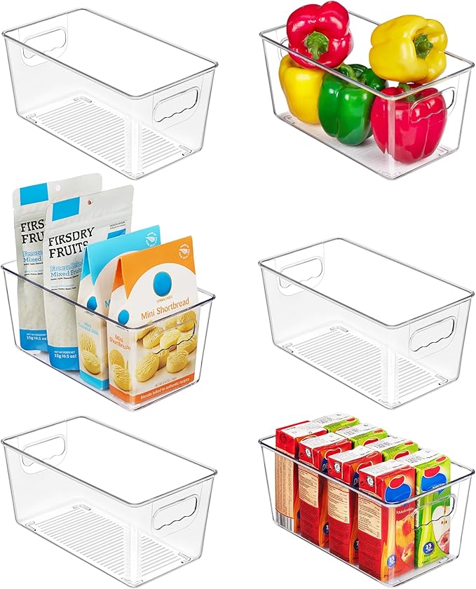 Vtopmart Clear Plastic Storage Bins, 6 PCS Pantry Organizer Bins with Handle for Refrigerator, Fridge, Cabinet, Kitchen, Countertops, Cupboard, Freezer Organization and Storage, Small by Vtopmart