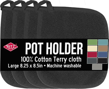 RITZ Terry Potholder & Hot Pad: Unparalleled Heat Resistant, Durable 100% Cotton – Ergonomically Designed for Optimal Grip – Easy-Care Machine Washable – 4-Pack, Black by Ritz+Foodservice