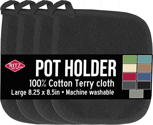 RITZ Terry Potholder & Hot Pad: Unparalleled Heat Resistant, Durable 100% Cotton – Ergonomically Designed for Optimal Grip – Easy-Care Machine Washable – 4-Pack, Black by Ritz+Foodservice