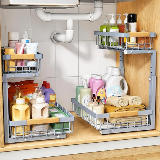 PXRACK Under Sink Organizer, Adjustable Height, 2 Tier Pull Out Under Cabinet Organizer, Slide Out Thickened Metal Under Sink Storage for Kitchen Bathroom Laundry Pantry Cabinet, Grey, Large-2-Pack by PXRACK