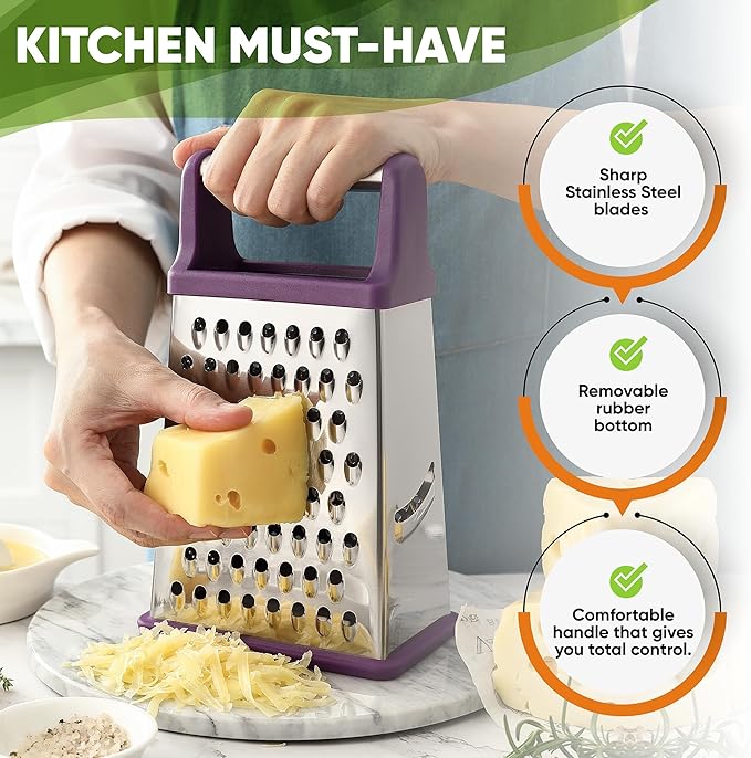 Spring Chef Purple Professional Stainless Steel XL Parmesan Cheese Grater with Handle - Manual Box Grater for Kitchen, 4 Sides, Dishwasher Safe Food Shredder for Vegetable, Potato, Hard Cheese, Carrot - Image 3