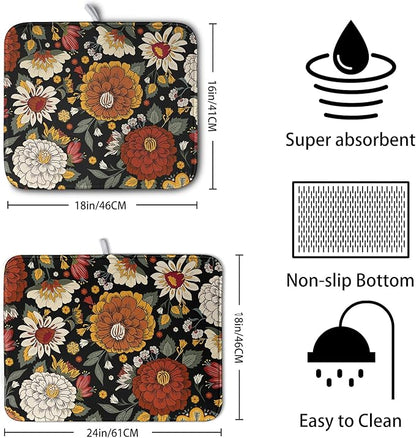 Vintage Floral Dish Drying Mat for Kitchen Counter Retro Sunflower Floral Absorbent Microfiber Dry Dish Mat Reversible Washable Dish Drainer Rack Mat Large 18x24 Inch - Image 2