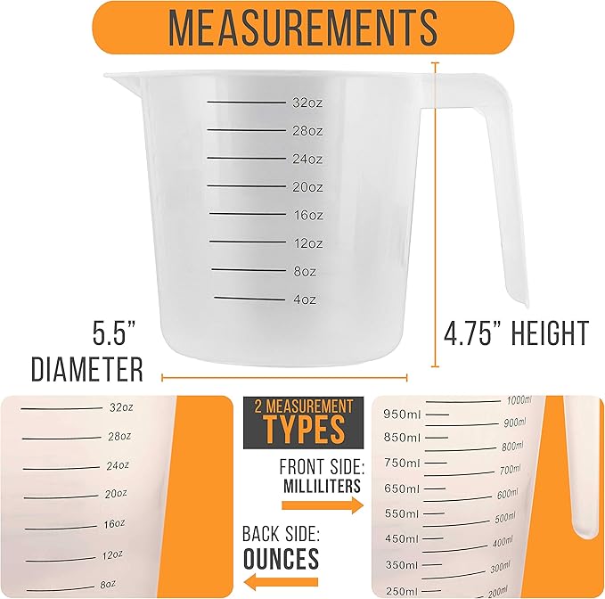 U.S. Kitchen Supply Plastic Measuring Cups with Handles - 32 oz (1000 ml) Liquid Measuring Cup Set of 6 - Clear Microwave Safe Kitchen Cups - Measure in mL or Ounces, Measurement Cup for Cooking - Image 3