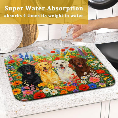 Flower Dog Dish Drying Mat Spring Floral Microfiber Absorbent Dish Drying Pad for Kitchen Counter - Image 7