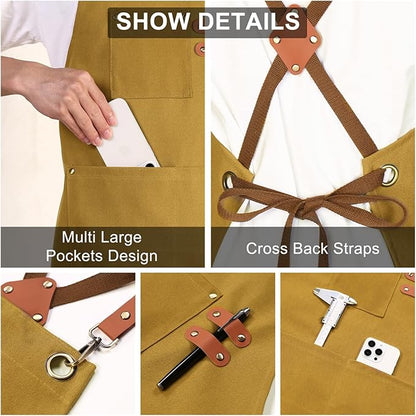ZOMAO Chef Apron for Women Men with Large Pockets, Cotton Canvas Cross Back Waterproof Work Aprons for Kitchen Cooking Bib