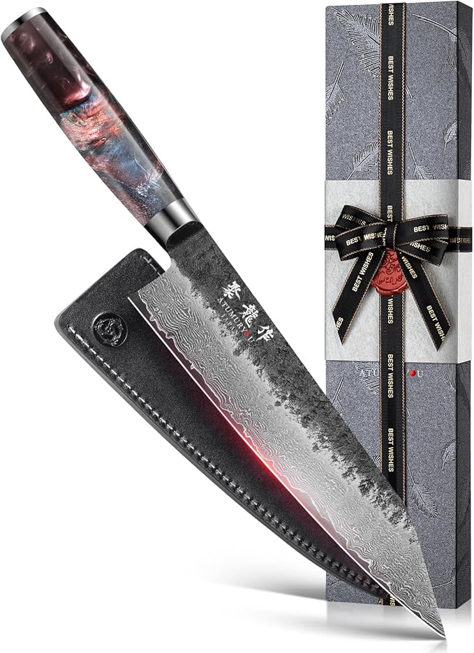 8.27 Inch Japanese Kiritsuke Chef Knife with VG10 Core, Professional 67-Layer Hand-Forged Damascus Knife with Ergonomic Handle, Leather Sheath and Elegant Gift Box – Perfect Gifts for Women Men