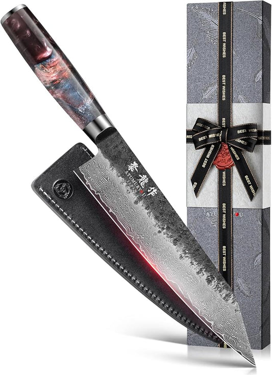 8.27 Inch Japanese Kiritsuke Chef Knife with VG10 Core, Professional 67-Layer Hand-Forged Damascus Knife with Ergonomic Handle, Leather Sheath and Elegant Gift Box – Perfect Gifts for Women Men