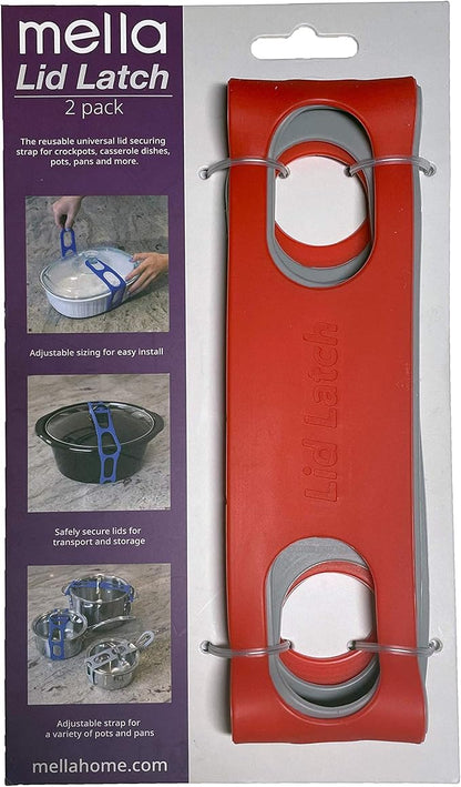 Lid Latch the reusable universal lid securing strap for crockpots, casserole dishes, pots, pans and more. Make it easy to transport your favorite dishes with one simple strap. (Polybag Red/Grey)