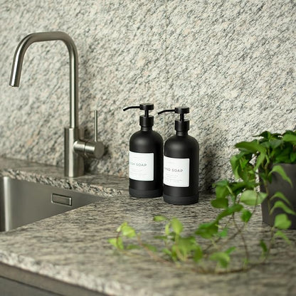 Hand and Dish Soap Dispenser for Kitchen and Bathroom, Set of 2 16 Oz Glass Bottles, Stainless Steel Pumps, Non-Slip Silicone Base, 27 Waterproof Labels (Matte Black Bottle/Black Pump) - Image 9