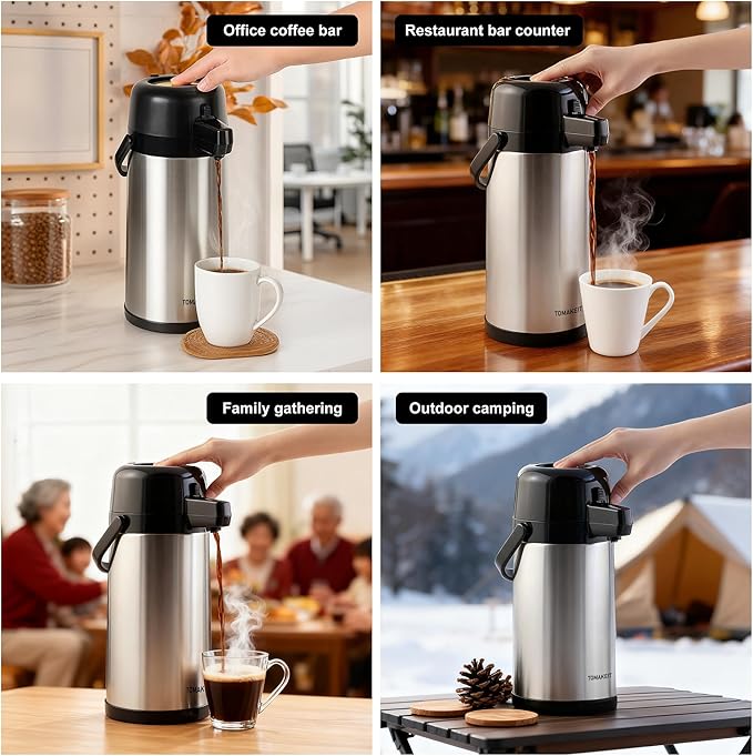 TOMAKEIT Airpot Coffee Carafe for Keeping Hot,102oz/3L Coffee Dispenser Thermal with Pump,Insulated Stainless Steel Hot Beverage Dispenser for Parties,Thermal Carafe for Hot Drinks Water Tea Chocolate - Image 7