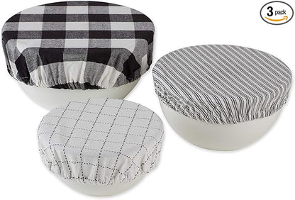 DII Reusable Cloth Bowl Cover Collection Machine Washable, Cotton with Elastic Stretch for Food Storage, 10.25"/8.25"/7.5" Diameter, Farmhouse Plaid, Black, 3 Piece