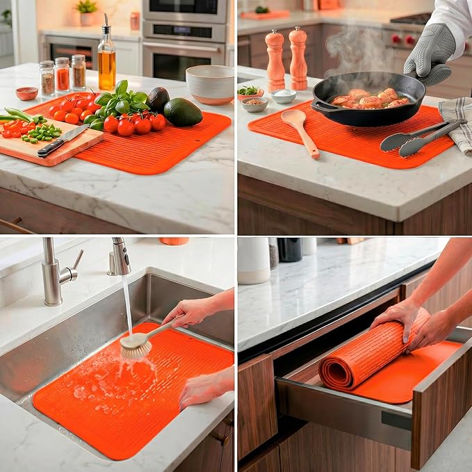 MicoYang Silicone Dish Drying Mat for Multiple Usage,Easy clean,Eco-friendly,Heat-resistant Silicone Mat for Kitchen Counter or Sink,Refrigerator or Drawer Liner Orange 2XL 24 inches x 18 inches - Image 3