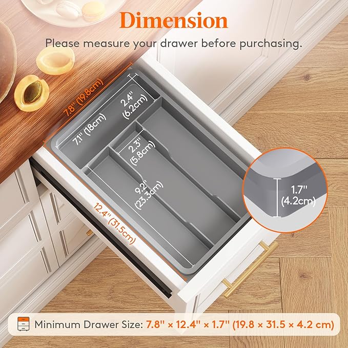 Lifewit Silverware Drawer Organizer Tray, Plastic Cutlery Storage for Kitchen, Flatware and Utensil Holder Divider for Spoons Forks Knives Tableware, 7.8 x 12.4", 4 Slots, Gray - Image 2