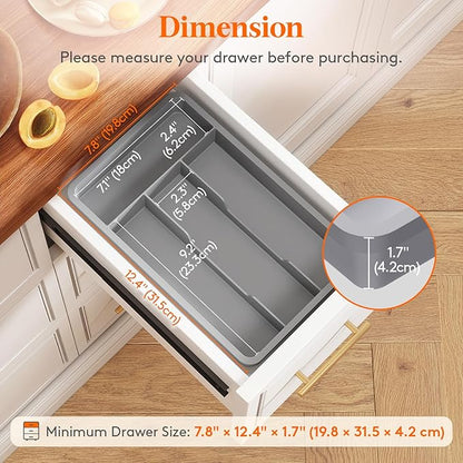 Lifewit Silverware Drawer Organizer Tray, Plastic Cutlery Storage for Kitchen, Flatware and Utensil Holder Divider for Spoons Forks Knives Tableware, 7.8 x 12.4", 4 Slots, Gray - Image 2
