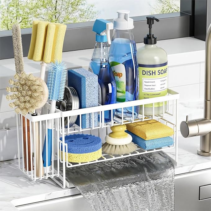 Cisily White 2-Tier Kitchen Sink Caddy Organzier Rack with Flexible Dish Brush Holder, Sponge Holder for Kitchen Sink Countertop Organization Storage,Home Decor Accessories by CISILYHOMELIFE