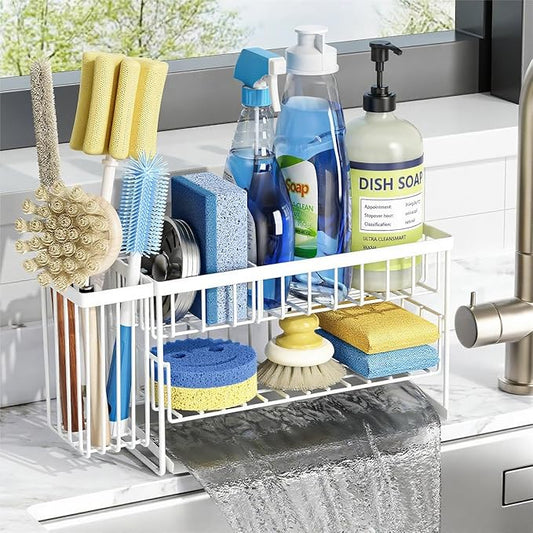 Cisily White 2-Tier Kitchen Sink Caddy Organzier Rack with Flexible Dish Brush Holder, Sponge Holder for Kitchen Sink Countertop Organization Storage,Home Decor Accessories by CISILYHOMELIFE