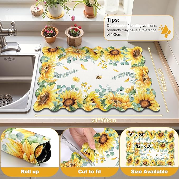 LOKHOM Scalloped Floral Dish Drying Mat, 18"x24" Super Absorbent Coffee Mat with Watercolor Yellow Sunflowers, Cuttable Hide Stain Non-slip Drying Mat for Kitchen Counter Coffee Maker Espresso Machine - Image 2