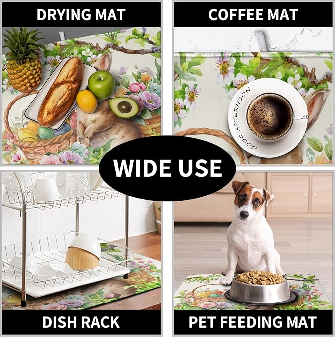 Happy Easter Bunny Kitchen Dish Drying Mat for Dishes 18x24 Inch Spring Colorful Floral Flower Basket Drying Mats Easter Eggs Dish Drainer Mat Super Absorbent Dish Rack Pad for Coffee Bar Sinks - Image 7