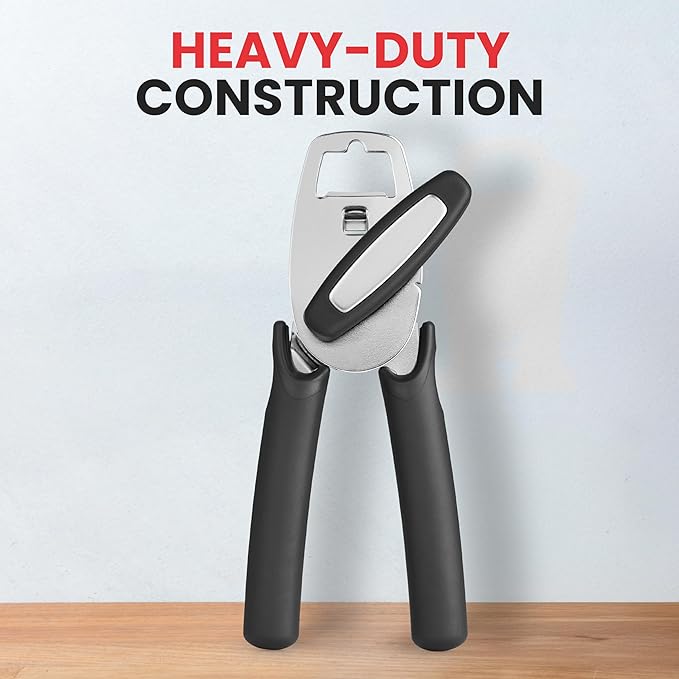 Zulay Kitchen Heavy Duty Stainless Steel Manual Can Opener – Ergonomic Soft Grip Handles, Smooth Edge Cutting Wheel & Large Built In Bottle Opener – Easy Turn Knob for Effortless Use - Black - Image 2
