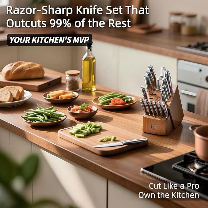 KnifeSaga Kitchen Knife Set with Block 17 Pcs, Knife Block Set, Japanese High Carbon Stainless Steel Knives Set for Kitchen with Sharpener, Razor Sharp Premium Block Knife Sets - Image 5