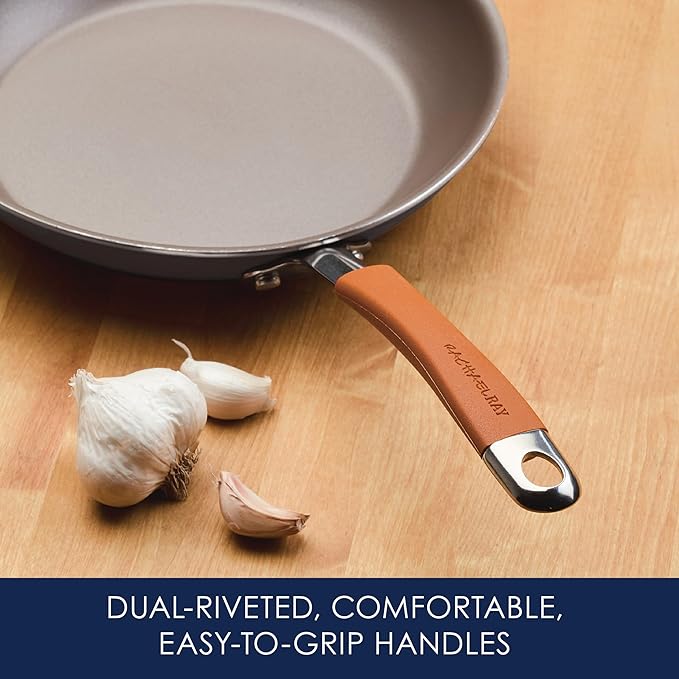Rachael Ray Cucina Dishwasher Safe Hard Anodized Nonstick Cookware Pots and Pans Set, 12 Piece, Gray with Orange Handles - Image 5