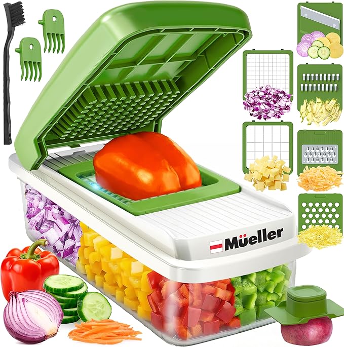 Mueller Vegetable Chopper, Mandoline Slicer, Food Veggie Chopper, Cheese Grater, Onion Vegetable Cutter with Container, Dicer, Kitchen Gadgets & Essentials, White Sand/Green by Mueller