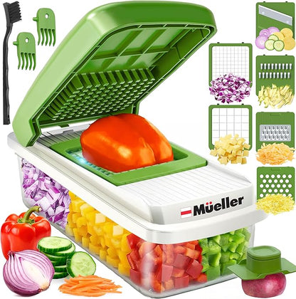 Mueller Vegetable Chopper, Mandoline Slicer, Food Veggie Chopper, Cheese Grater, Onion Vegetable Cutter with Container, Dicer, Kitchen Gadgets & Essentials, White Sand/Green by Mueller