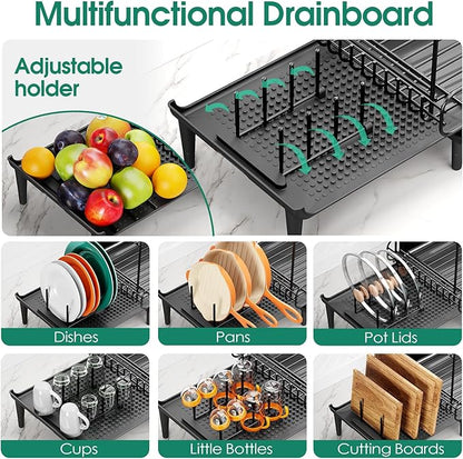 Urackify Dish Drying Rack for Kitchen Counter, Expandable 2 Tier Dish Rack, Large Capacity Dish Drainer with Drainboard Multifunctional Dish Strainer with Removable Cutlery Holder Black - Image 3
