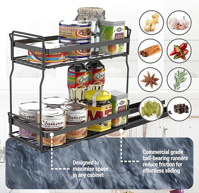 Pull Out Spice Rack Organizer for Inside Kitchen Cabinets, Heavy Duty Slide Out Seasoning Kitchen Organizer, 2 Tier Vertical Sliding Seasoning Organizer, 10.5" D x 5.1" W x 9.6" H -2 Pack (2)