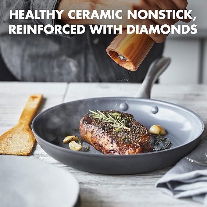 GreenPan Lima Hard Anodized 10" Frying Pan Skillet, Wood Spatula, Ceramic Nonstick, PFAS-Free Nontoxic Pots and Pans, Oven & Broiler Safe, Stainless Steel Handle, Cookware for Eggs & Omelet, Gray - Image 2