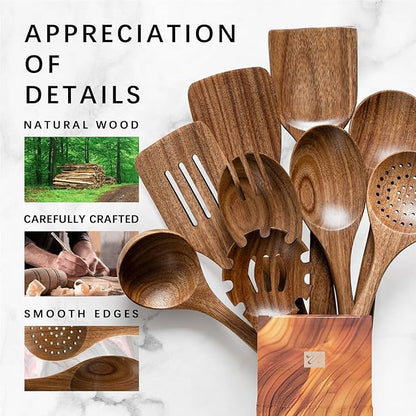 Wooden Spoons for Cooking, Nonstick Cooking Utensil Set with 9 Piece Acacia Wooden Spatulas and Spoons for Cooking, Terrific for Everyday Kitchen Tasks - Image 4