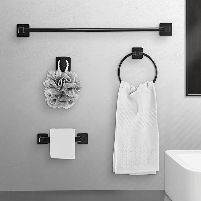 Matte Black Bathroom Hardware Set 4 Pieces,Towel Bar Set Stainless Steel Wall Mounted, Includes 16In Hand Towel Bar, Towel Ring, Robe Towel Hooks,Toilet Paper Holder, Bathroom Towel Rack Set - Image 6