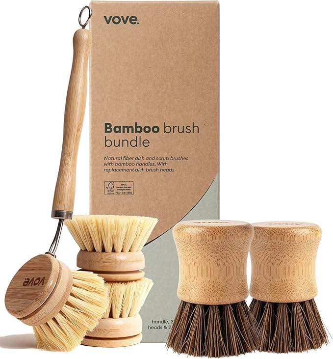 Vove Dish Brush Bundle - FSC-Certified Bamboo Dish Brush & Scrub Brush, 3 Replacement Heads - Natural Fiber Bristles - Non-Toxic, Plastic-Free Kitchen Set by Vove