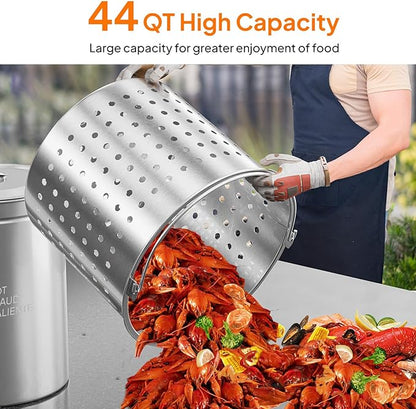 Bonnlo 44QT Turkey Fryer Pot with Steamer Basket, Lid & Lifting Hook, Stainless Steel Seafood Boil-Pot for Lobster, Crab & Shrimp, Heavy-Duty Deep Stockpot for Outdoor Boiling, Cooking & Frying