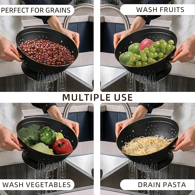 Metal Colander Set of 2, Strainer Basket with Handles perfect for Spaghetti, Pasta, Berry, Vegetable, Fruit, Solid Base Powder Coated Self-draining Kitchen Colander Bowel, 3.5 & 5 Qt, Matte Black - Image 6
