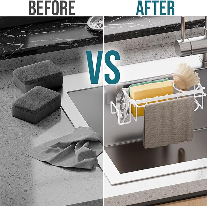 TAILI Sponge Holder with Strong Suction Cup, 4-in-1 Rustproof Sink Organizer - Sink Caddy Holds Sponges, Brushes, Stoppers & Scrapers -White - Image 6