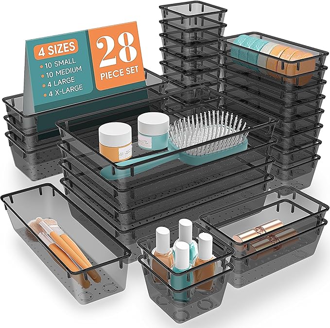 StorMiracle 28 PCS Clear Plastic Drawer Organizers Set, 4 Size Desk Drawer Organizer Trays for Makeup, Jewelry, Kitchen Utensils, Gadgets and Office Accessories, Black by StorMiracle