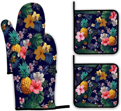 Palm Leaf Tropical Oven Mitts and Pot Holders,Pineapple Hibiscus Heat Resistant Oven Mitts Gloves and Pot Holder for Home Kitchen Decorations Cooking Baking BBQ Gifts,Set of 4