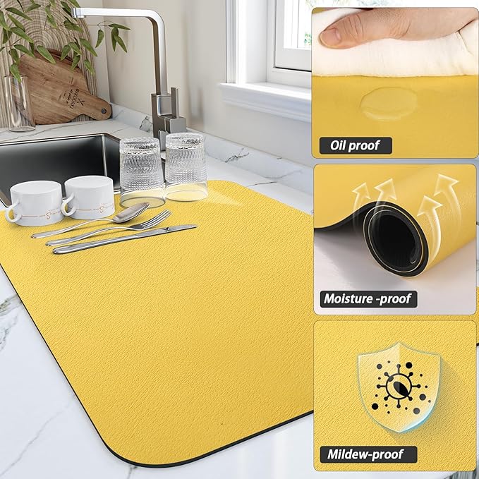 HotLive Dish Drying Mat for Kitchen Counter, Heat Resistant Drainer Mats with Non-slip Rubber Backed, Hide Stain Kitchen Super Absorbent Draining Mat, Easy to Clean Dish Rack Pad, Yellow 18"x24" - Image 3