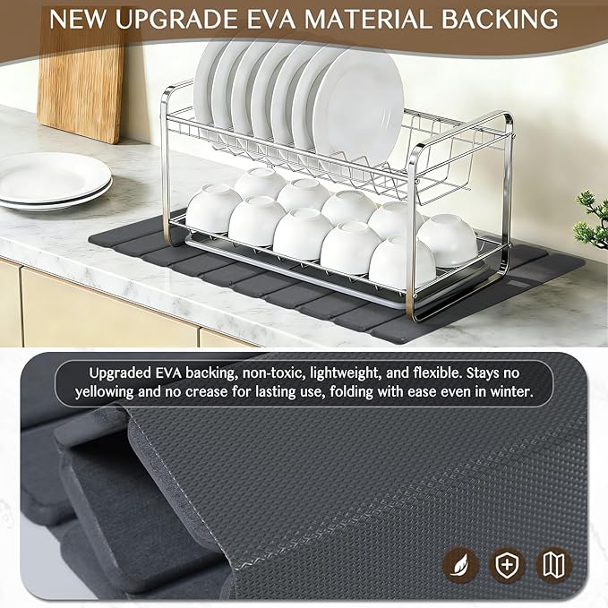 Large Stone Dish Drying Mat for Kitchen Counter, Thin & Light Quick Dry Stone Dishes Mat, Foldable Water Absorbing Diatomite Drying Pad for Kitchen Bathroom Sink Countertop (Pure Gray 24"×16" & 8"x4") - Image 4