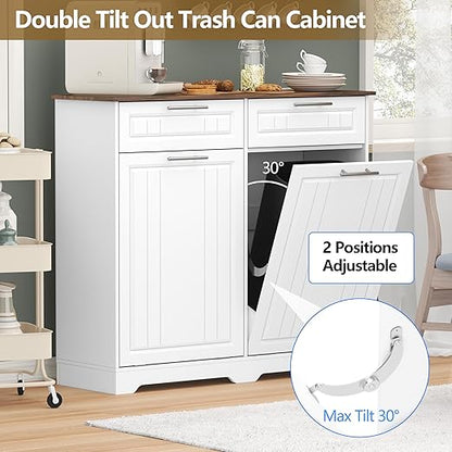 Double 10 Gallon Tilt Out Trash Can Cabinet with Deodorizing Function and Power Outlet, Wooden Hidden Garbage Can Holder with 2 Storage Drawers for Kitchen, Laundry Hamper Cabinet for Bathroom, White