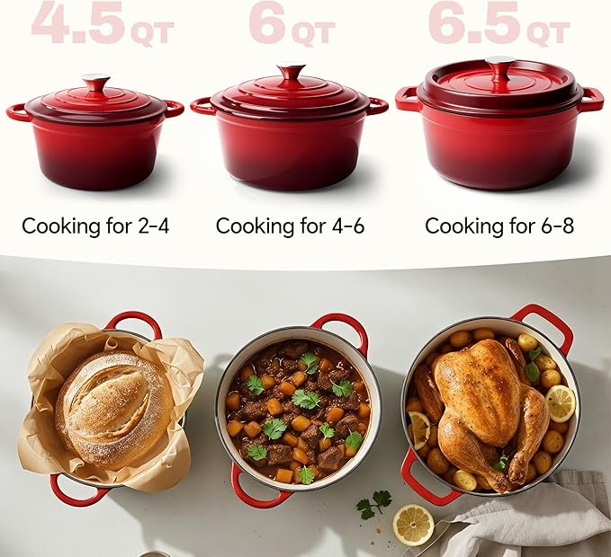 6 Quart Dutch Oven Pot with Lid, Non Stick Enameled Cast Iron Dutch Oven for Bread Baking, Heavy-Duty, Oven Safe Ceramic Cookware Up to 500°F for Baking, Braising, Stews, Roasting, Red - Image 3
